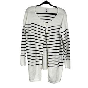 Cabi White Black Striped Button Down Cardigan Sweater Womens M Duster Preppy